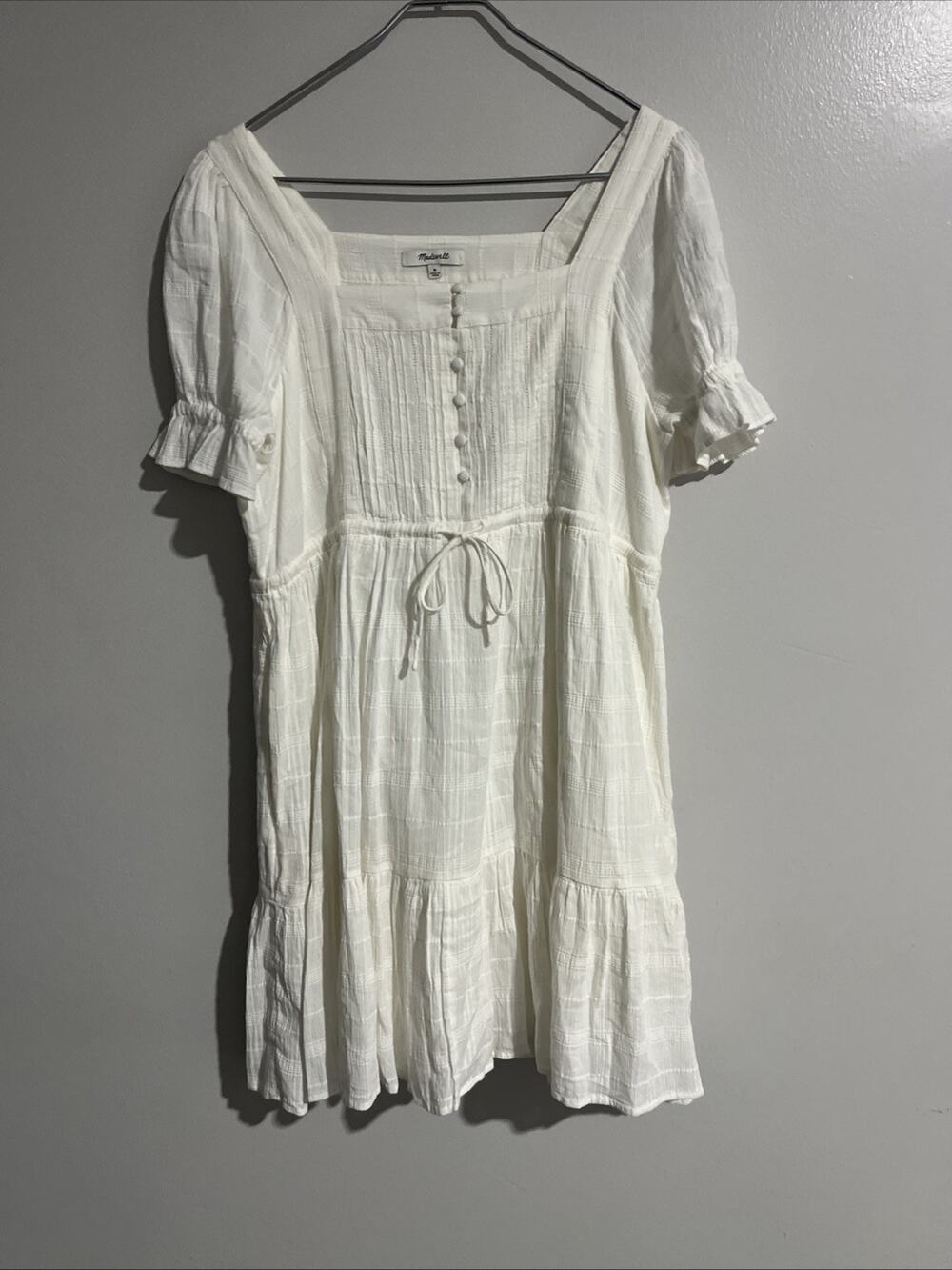 Madewell Ivory Cotton Gauze Puff Sleeve Tiered Mini Dress Medium Square Neck